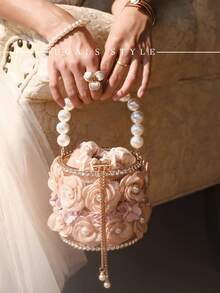 奢华女士撞色珍珠花朵晚宴包，精致水桶包，斜挎包，完美适用于晚宴和派对，可搭配日常装、正装、舞会礼服、生日礼服。 - 彩色 - 查看 5