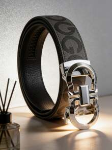 男士奢华商务皮带，几何图案合金自动扣皮带，饰有字母G印花，长度120厘米，可裁剪，适合搭配短裤、长裤、牛仔裤、西装，是送给男友或父亲的绝佳礼物。 - 彩色 - 查看 1