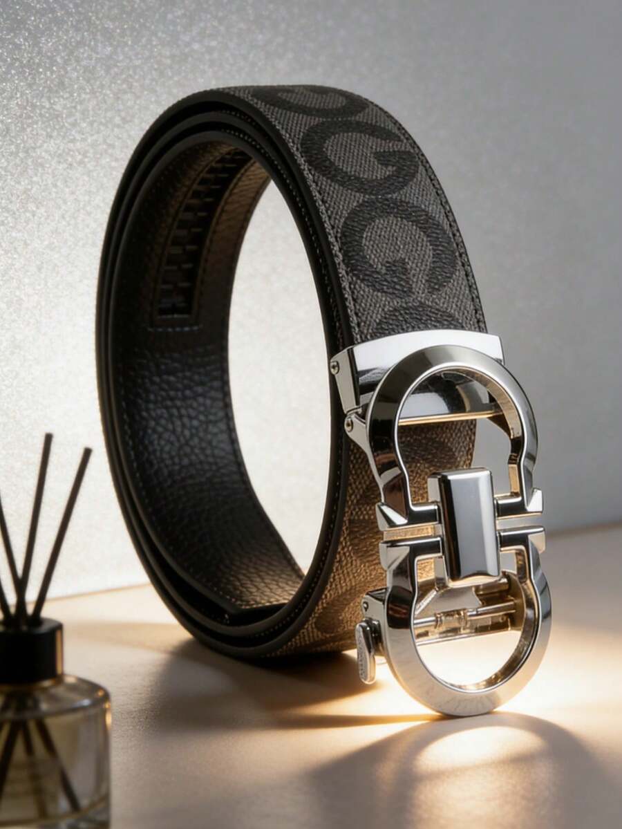 男士奢华商务皮带，几何图案合金自动扣皮带，饰有字母G印花，长度120厘米，可裁剪，适合搭配短裤、长裤、牛仔裤、西装，是送给男友或父亲的绝佳礼物。 - 彩色 - 查看 1