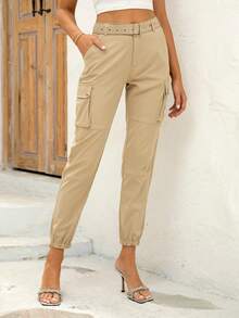 Elastic Waist Utility Pants With Side Pockets Spring - Light Khaki - View 5