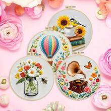1 Set 11CT Cross Stitch Embroidery Kit, DIY Handmade Embroidery, Gramophone, Hot Air Balloon, Bee, Vase, Floral, With 3-Strand Thread, Bamboo Embroidery Hoop, Pattern Chart