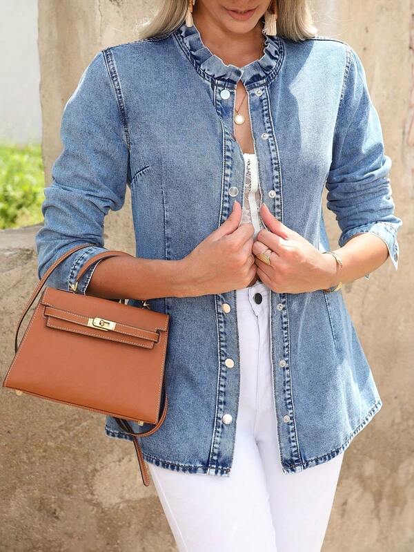 Top vaquero informal y elegante para mujer con mangas largas regulares y detalles de botones, diseño de cuello de béisbol