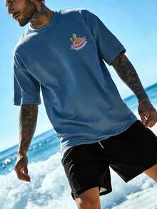 Men's Casual Vacation Style Printed Short Sleeve T-Shirt, Comfortable & Breathable, For Summer - Dusty Blue - View 3