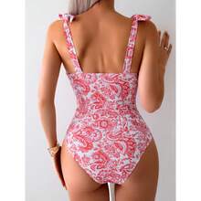 One Piece Swimsuit Red Paisley Floral Deep V Neck - Women's Retro Tummy Control Swimwear Tie Shoulder Straps Corset Bathing Suit For Beach & Summer Vacation - 多色547 - 查看 2