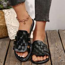 Womens Dressy Summer Sandals Outdoor Walking Travel Flats Slides Shoes Round Toe Braided Comfy Closed Toe Woven Vacation Mules - 黑色 - 查看 6