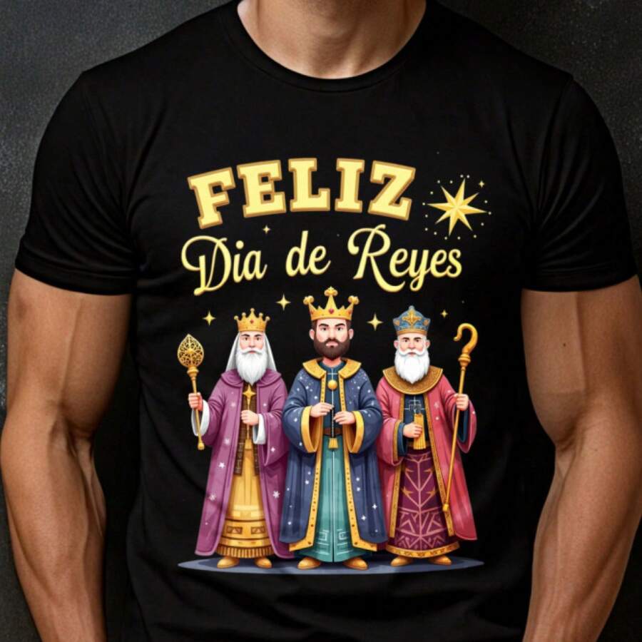 Camiseta de Navidad de los Tres Reyes Magos (Magi) con patrón de estrella y regalo - 100% algodón, manga corta con doble costura, diseño de la historia del nacimiento de Jesús (apto para actividades casuales y de iglesia) - Negro - Ver 1