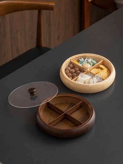 1pc Wooden Tray With Dust Cover Design, Divided Storage Round Serving Platter, Cafe Dessert Tray, Storage Dish, Cake And Snack Plate, Suitable For Eid, Valentine's Day, Chinese New Year