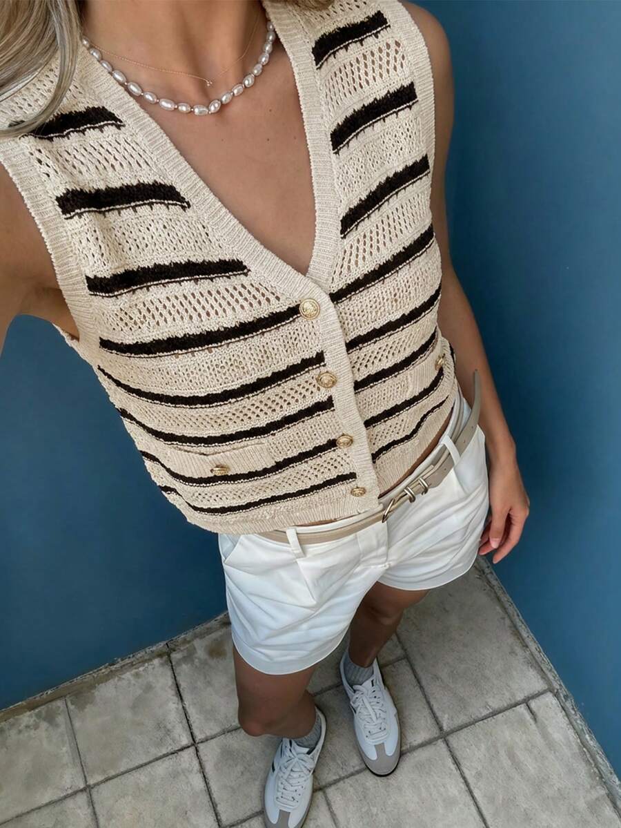 时尚女士V领针织背心，配金色纽扣，条纹常规长度开衫，休闲百搭 - 杏色+黑色 - 查看 1