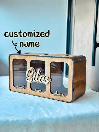 1pc Personalized "Save-Spend-Share" Wooden Piggy Bank - Customizable Name, Transparent Coin Box, Suitable For Children's Room/Desk Decor Gift, Birthday/Christmas/Children's Day Souvenir