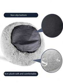 1pc Plush Round Pet Bed, Warm & Breathable Padded, Suitable For Small/Medium/Large Cats & Dogs, All Seasons - Grey - View 4