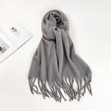Bufanda de unicolor con borlas, estilo coreano, de punto de alta calidad y cálida para mujer, para otoño/invierno - Gris - Ver 2