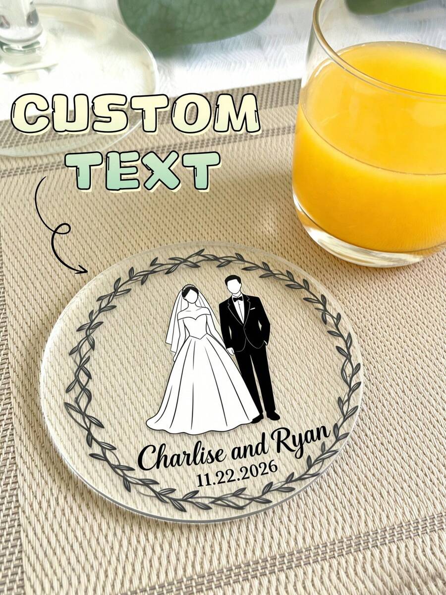 1pc Custom Wedding Coaster, Personalized With Text, Wreath & Wedding Attire Patterns, Wedding Favor & Decor Design, Practical Unique & Elegant, Suitable For Chic Gift For Her/Wedding Anniversary Keepsake/Couple Present, Ideal For Couples/Newlyweds/Lovers, Perfect For Wedding Celebrations - Wedding Style - View 1