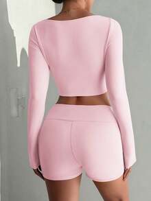 Bộ đồ thể thao nữ mùa thu, cổ vuông, tay dài, siêu ngắn, ôm sát, thích hợp cho thể thao, ở nhà và tập thể dục. - Hồng - Xem 2