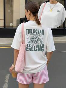 海洋呼唤与海龟印花宽松夏季女式短袖上衣，休闲服饰，夏季T恤，夏季衬衫，图案T恤，中国新年，农历新年，马年，春节，新年快乐，情人节，情人节礼物，送给她的礼物 - 白色 - 查看 1