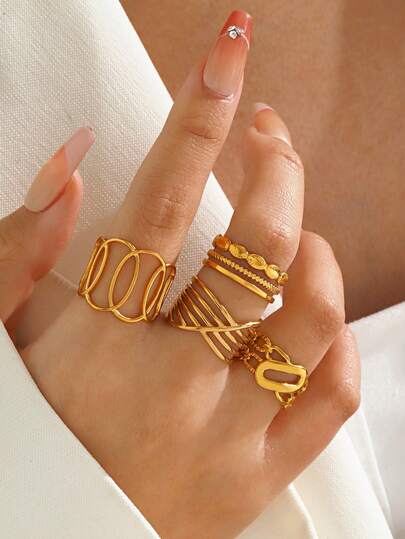 4pcs/Set Stainless Steel 18K Gold Plated Geometric Line Hoop Rings, Suitable For Women Everyday Wear