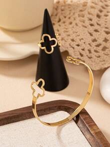 2件套时尚金属镂空四叶草开口圆环手链戒指套装，适合少女日常及派对佩戴