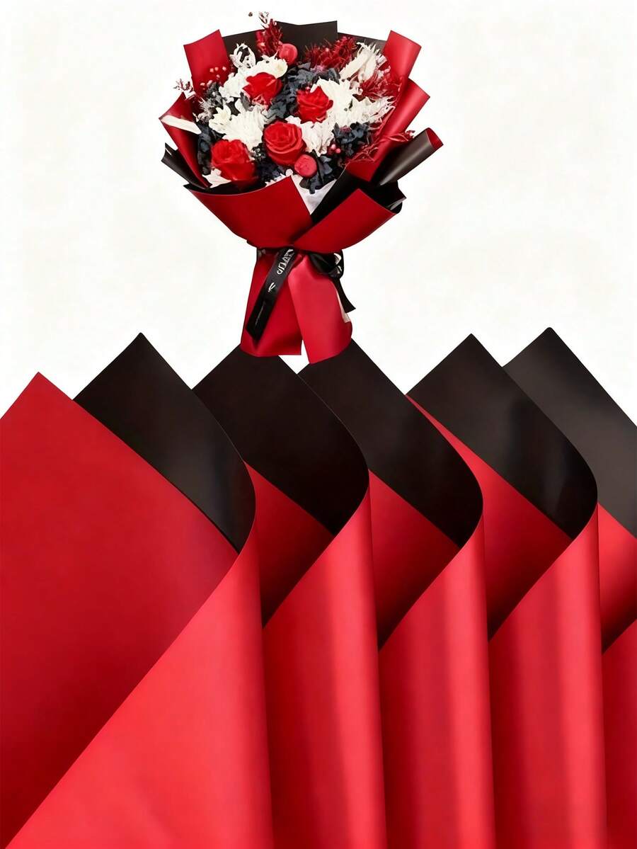 20张黑色/酒红色双面彩色花卉包装纸，防水，适用于情人节花束包装，尺寸为22x22英寸，也适用于DIY手工、礼品包装和花店花束包装。 - 彩色 - 查看 1