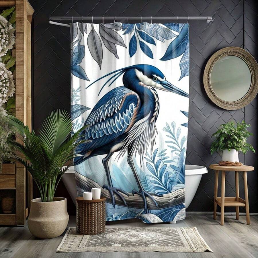 威廉·莫里斯风格蓝鹭印花海岸风情浴帘，浴室装饰配件 - 彩色 - 查看 1