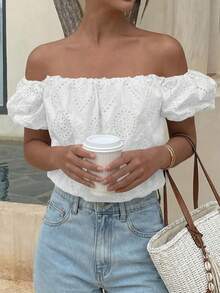 Women's Summer Off The Shoulder Tops 2026 Dressy Casual Puff Short Sleeve Embroidered Eyelet Cute Blouse Shirts - 白色 - 查看 3