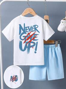2pcs/Set Boys' Casual Slogan & Graphic Print Short Sleeve T-Shirt And Shorts Set - White - View 1