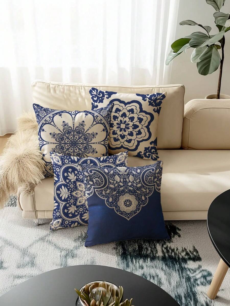 4pcs Bohemian Style Design, Home Decor, Gift, Polyester Material, Hidden Zipper, No Filling, Suitable For Home Decor, Living Room Decor, Pillowcase, Cushion Cover, Throw Pillow Cover, Sofa Decorative Cushion, Mat Cover, Soft Cushion. - Linen Material - View 1
