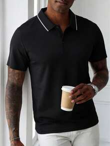 1pc Men's Black Polo Shirt With Contrast Collar, Knit Breathable Fabric, Business Casual Style Suitable For Office, Golf, Weekend - Black - View 3