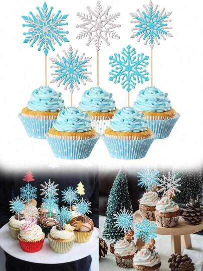 1-12个闪光雪花纸杯蛋糕装饰插牌，冬季雪花主题纸杯蛋糕插签，冬日仙境蛋糕装饰，适合雪花主题生日派对、圣诞快乐派对用品、圣诞雪花派对纸杯蛋糕插签、生日派对圣诞蛋糕装饰，圣诞节，蓝银色