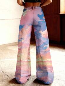 Women's Faux Denim Pants Pastel Cloud Sky Gradient Pattern Print Autumn And Winter Pants Belt Style Hole High-Elastic Loose Mid-Waist Comfortable - 彩色 - 查看 4