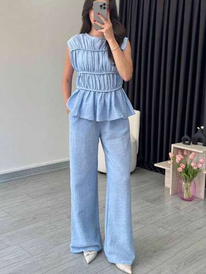 Yuyi 服装蓝色纹理面料褶皱松紧腰两件套，休闲办公街头日常夏季穿搭