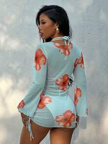 Sweety 3pcs/Set Vacation Beach Floral Jacquard Bikini Set For Summer 3pcs/Set Beach Resort Spring/Summer New Pearl Buckle Chiffon Print Halter Top, Bra Top & Bottom Swimwear,Cover Up Skirt,Removable Swimwear PadsSwimsuit,Summer Dresses For Women,Summer Clothes Women,Festival,Skirts,Ibiza Outfits,Swimwear Women,Bikini Set,Swimming Costume Women,Beach Wear Women,Holiday Co Ord,Beach Dress,Bikinis For Women Sets - Multicolor - View 2