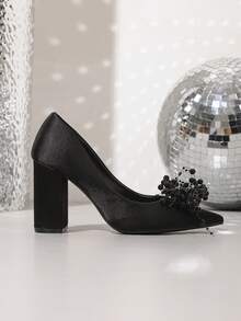Nuevos tacones altos de punta negros de moda, tacones gruesos con decoración de flores de perlas falsas, tacones gruesos para mujeres - Negro - Ver 5
