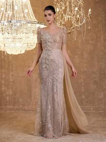 3D Floral Beaded Embroidered Petal Sleeve Elegant Sexy Mermaid Hem Mesh Overlay Evening Dress - Apricot - View 5