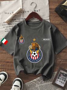 1 pieza Camiseta de manga corta casual estampada para niños preadolescentes, top de verano para estudiantes jóvenes - Gris Oscuro - Ver 4