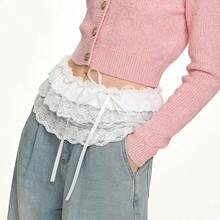 1pc Women's Sweet Lace Tie Waist A-Line Skirt, Spring/Summer - White - View 5