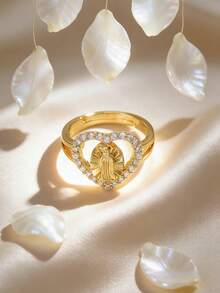 1枚18K镀金镶嵌锆石3D立体精美圣母玛利亚圣像可调节戒指，时尚宗教文化魅力饰品，女士佩戴