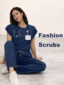 cimmuovere Damska bluzka z dekoltem w serek, jednolity kolor, krótki rękaw, dopasowana, z wieloma kieszeniami, spodnie i odzież robocza dla pielęgniarki, dentysty, opieki zdrowotnej, szpitala dla zwierząt, laboratorium - Granatowy - Zobacz 3