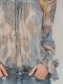 Floral Print Ruffle/Frill Twist Pleated Chiffon Long Sleeve Flare Cuff Blouse For Women Spring - Blue Flower - View 3