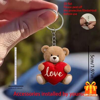 2D Flat Teddy Bear Keychain | Red Heart Iron Ring Pendant, Elegant Car Rearview Mirror Pendant And Backpack Accessory, Unisex, Suitable For Mother's Day, Easter, Ramadan Gifts, Home Decor Bag Charms