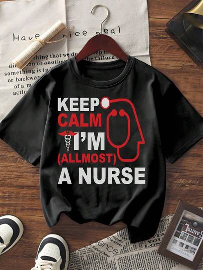 Women's Short Sleeve Crew Neck T - Shirt "Keep Calm I'm (Almost) A Nurse" Graphic Print Top Casual Nursing Student Inspired Daily Wear Tee