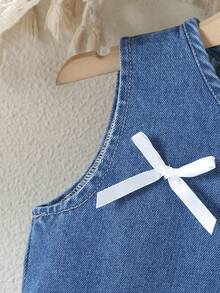 1pc Young Girl' Outdoor Vacation Minimalist Fashion Niche Sweet Cute 3D Bow Ribbon Decor Classic Washed Blue Denim Jumper Dress - Dark Wash - View 5