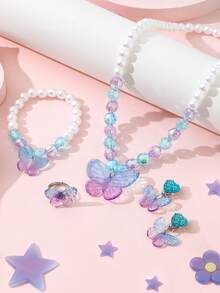 Bộ trang sức 5 món hình bướm và ngọc trai dành cho bé gái, gồm dây chuyền, vòng tay, bông tai và nhẫn, thích hợp để đeo hàng ngày, dự tiệc hoặc làm quà sinh nhật. - Nhiều màu - Xem 2