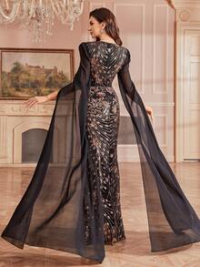 Women's Elegant Woven Floral Sequin Dress Wedding Black Spring - Black - View 2