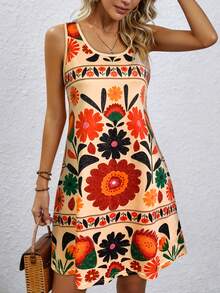 Women's Sleeveless Mini Dress - Printed Round Neck Casual Everyday Dress Flowy Summer Everyday Dress Women's Spaghetti Strap Beach Dress Relaxed Short Dress - Multicolor - View 1