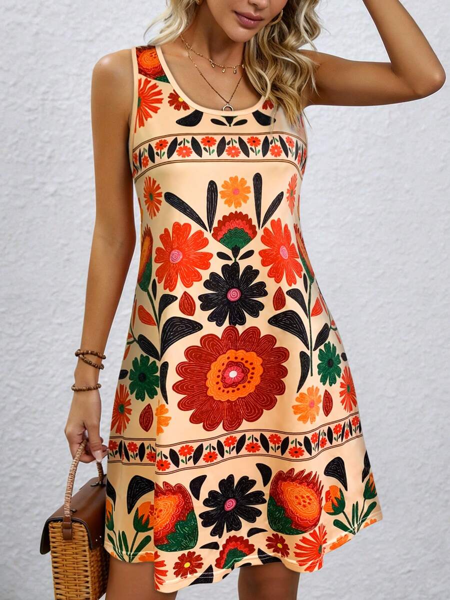 Women's Sleeveless Mini Dress - Printed Round Neck Casual Everyday Dress Flowy Summer Everyday Dress Women's Spaghetti Strap Beach Dress Relaxed Short Dress - Multicolor - View 1