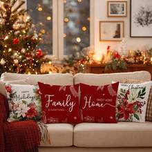 4pcs Christmas Vintage Poinsettia Wreath Throw Pillow Cover Set, Single-Sided Printed Peach Velvet Polyester Material, 45*45/50*50/40*40CM Cushion Cover Suitable For Room Decor, Modern Minimalist Sofa Living Room Decor, Gift, Party Decoration - 多色-1 - 查看 7