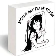 Decorative Wooden Box With Anime-Style Girl Illustration - 'YOUR WAIFU IS TRASH' Text On White Rectangular Case, Minimalistic Design With Subtle Shadow, Perfect For Anime Fans And Unique Storage - White - View 1