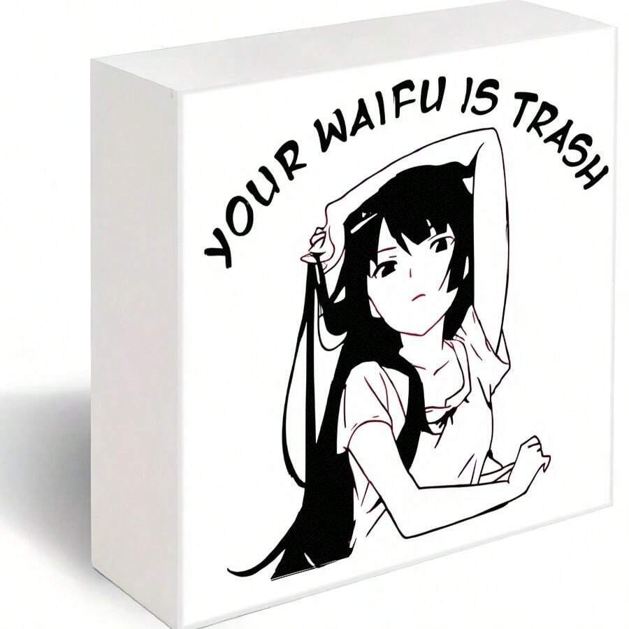 Decorative Wooden Box With Anime-Style Girl Illustration - 'YOUR WAIFU IS TRASH' Text On White Rectangular Case, Minimalistic Design With Subtle Shadow, Perfect For Anime Fans And Unique Storage - White - View 1