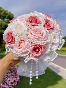8.66 Inch Artificial Wedding Bouquet, Bridal Faux Pearl Veil Decorated Rose Bouquet, Suitable For Wedding Ceremony, Anniversary, Homecoming And Other Occasions, Valentine's Day Gift,Festival,Birthday - Multicolor - View 7