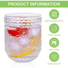 Vintage Embossed Floral Drinking Glass Set Of 4, 12oz Clear Heavy Base Glass Cups For Cocktail, Juice, Wine, Aesthetic Home Bar Decor - Transparent - 380ml - View 2