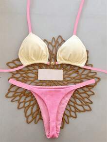 2 piezas Traje de baño bohemio casual, lindo y elegante con estampado floral y lazos trenzados, para vacaciones en la playa, primavera/verano - Multicolor - Ver 1